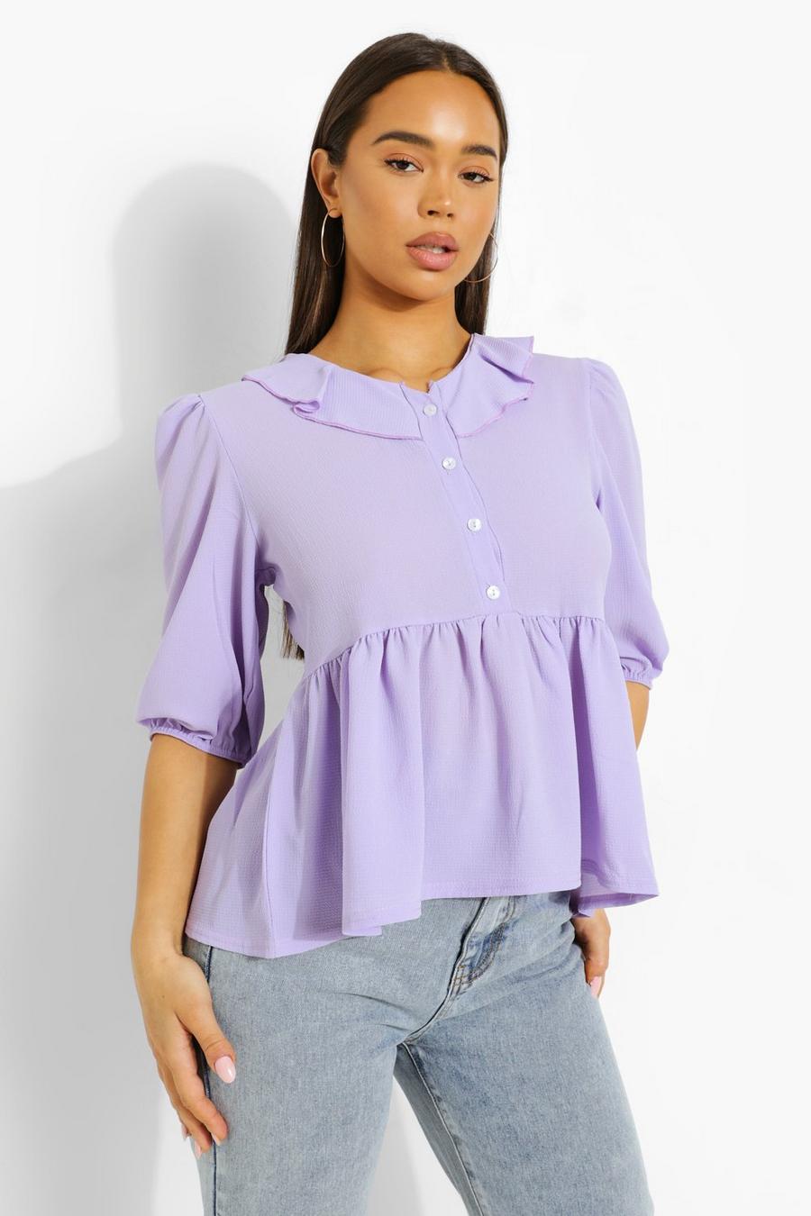 Lilac Woven Ruffle Collar Smock Blouse image number 1