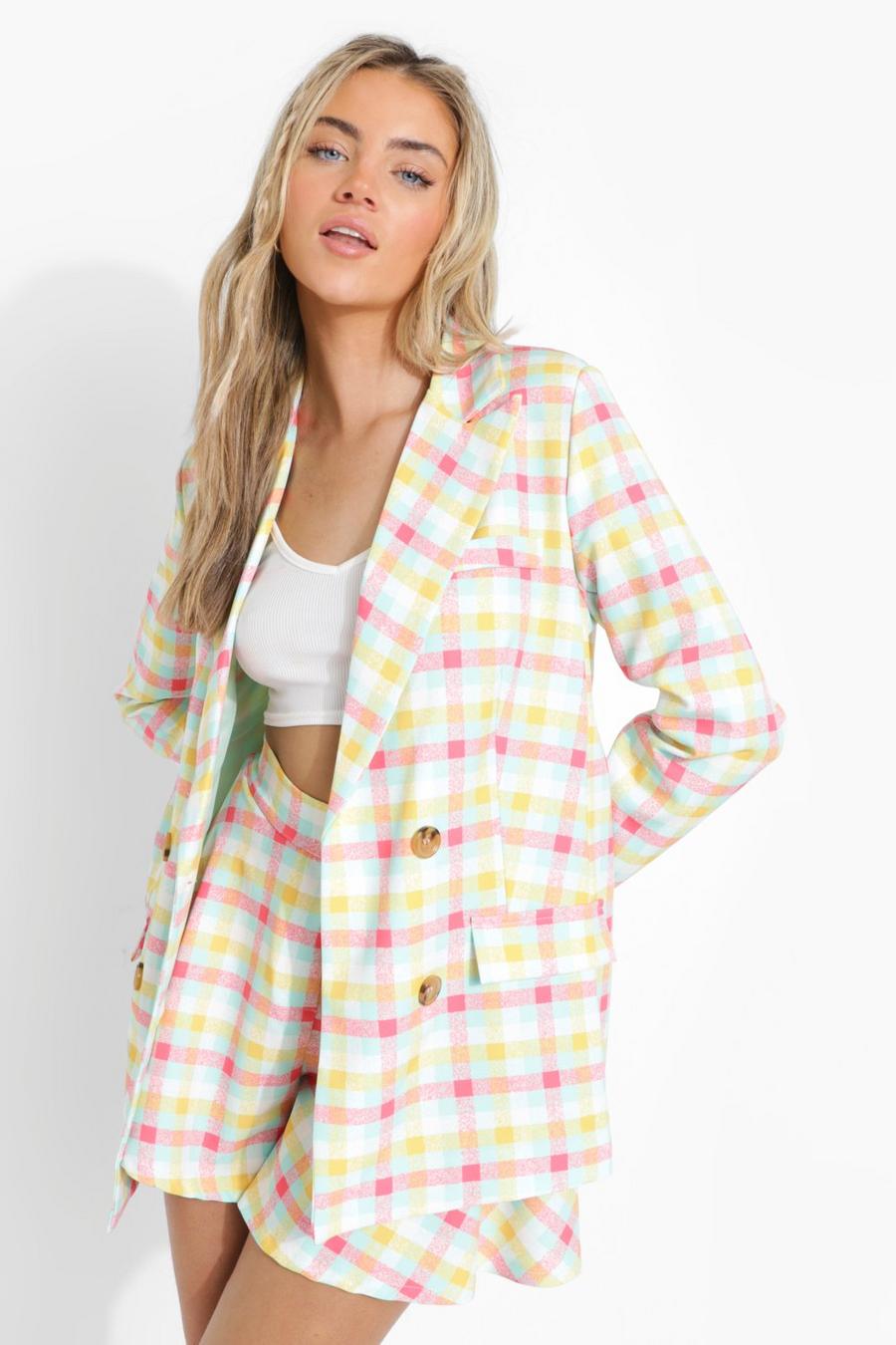 Lemon yellow Pastel Check Double Breasted Blazer image number 1