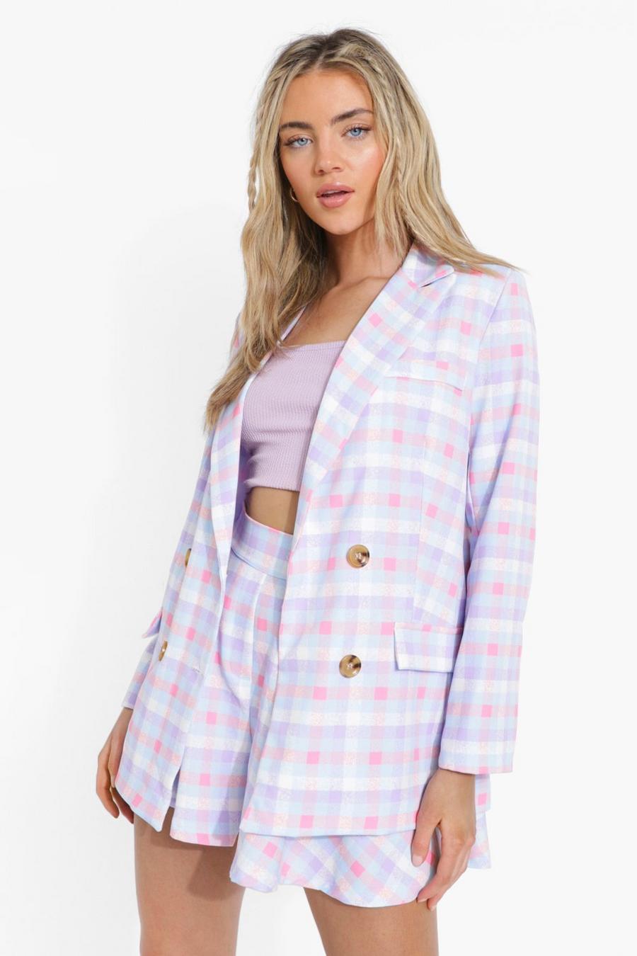 Lilac purple Pastel Check Double Breasted Blazer image number 1