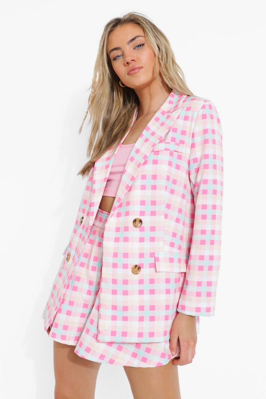 Pink Pastel Check Double Breasted Blazer image number 1