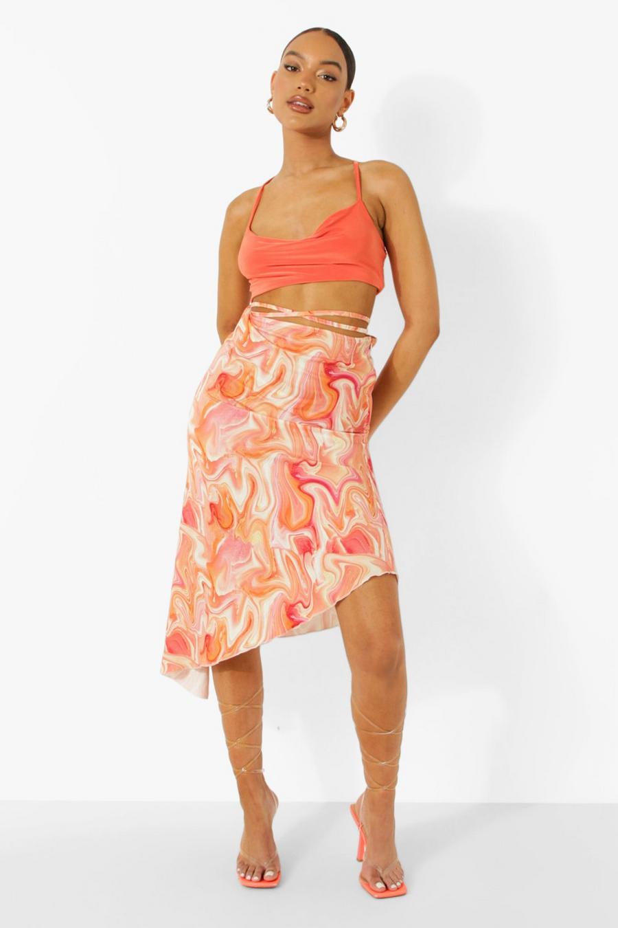 Orange Marble Satin Strappy Midi Skirt image number 1