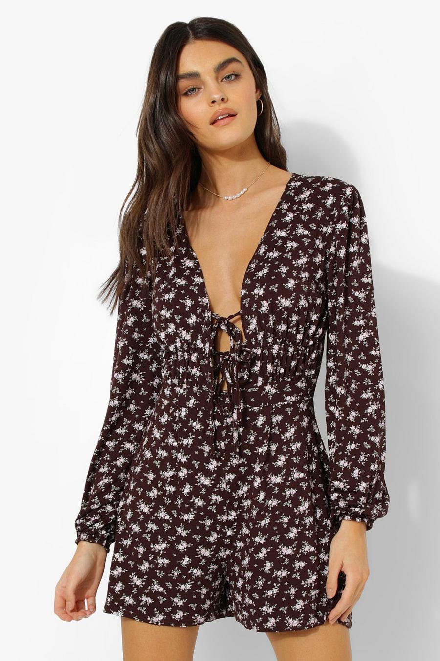 Chocolate Floral Tie Front Flippy Playsuit image number 1