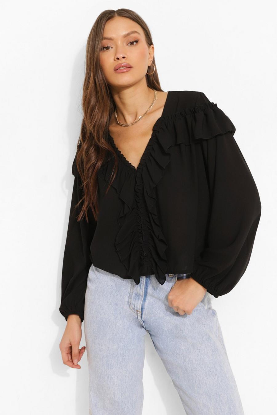 Black Puff Sleeve Ruffle Cropped Blouse image number 1