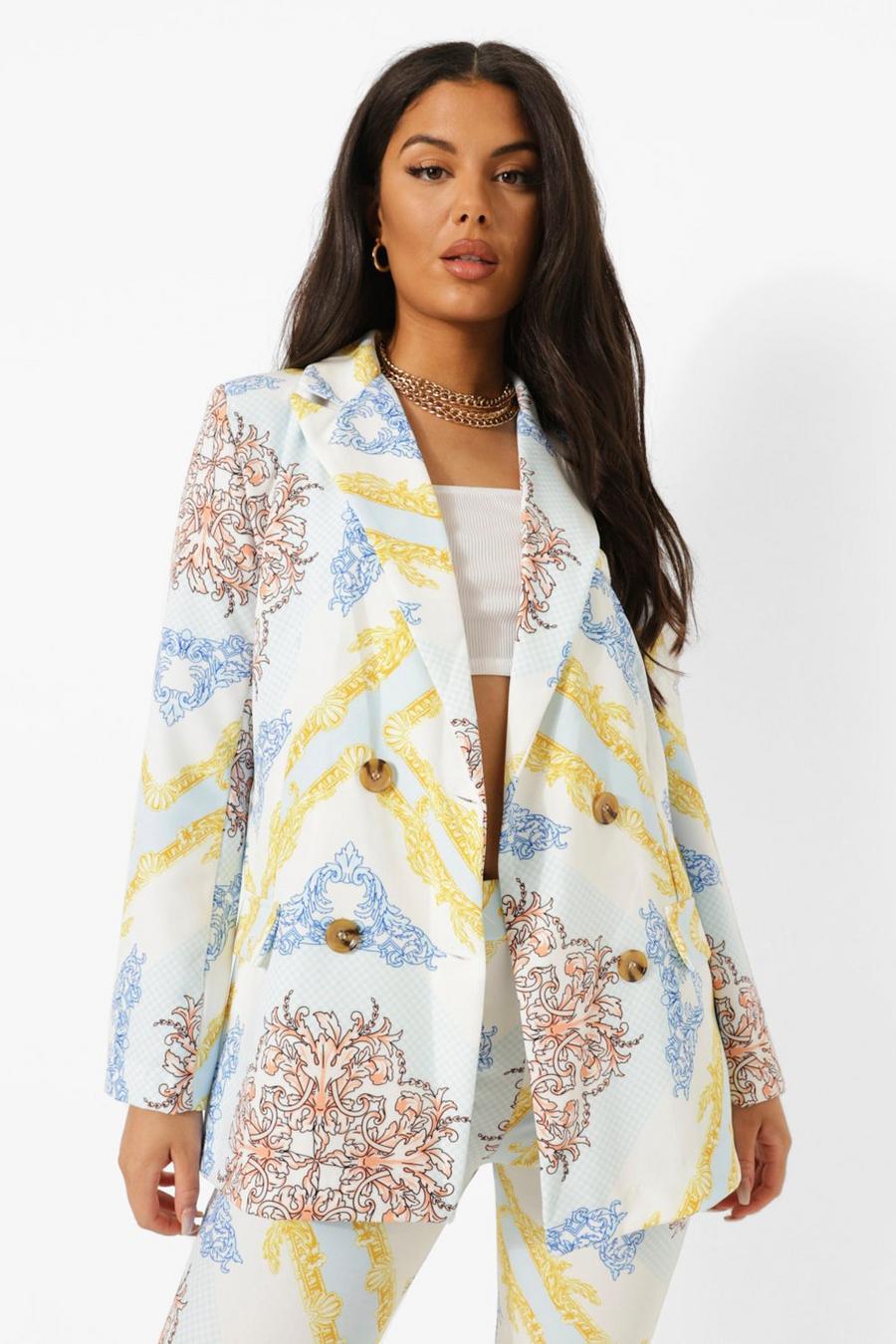 Blue Scarf Print Tailored Double Breasted Blazer image number 1