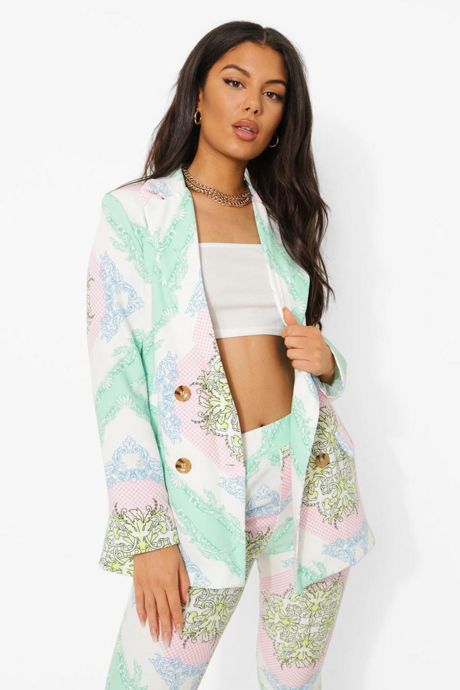 Mint Scarf Print Tailored Double Breasted Blazer image number 1