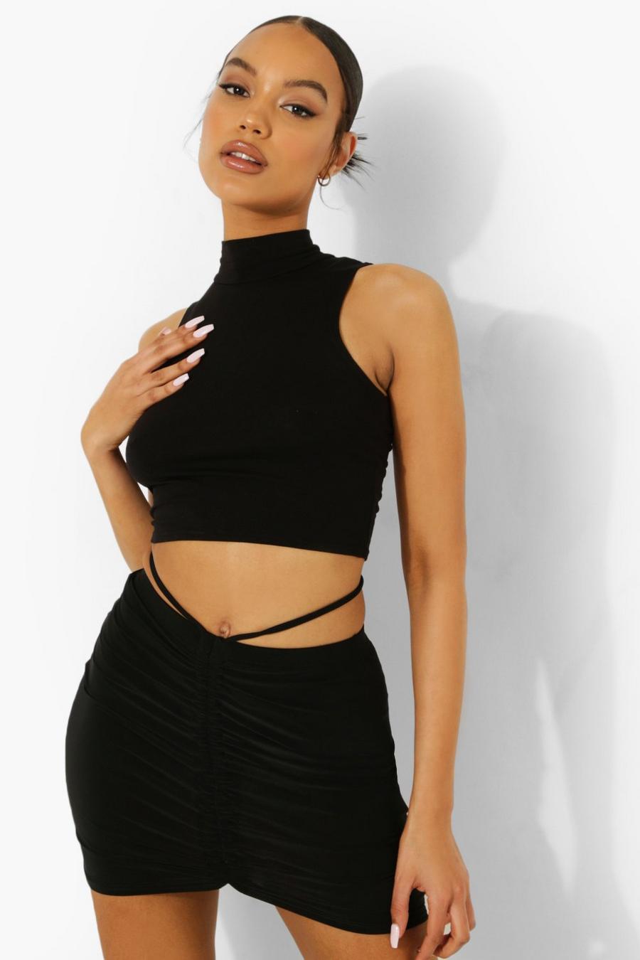 Black Strappy Waist Ruched Mini Skirt image number 1
