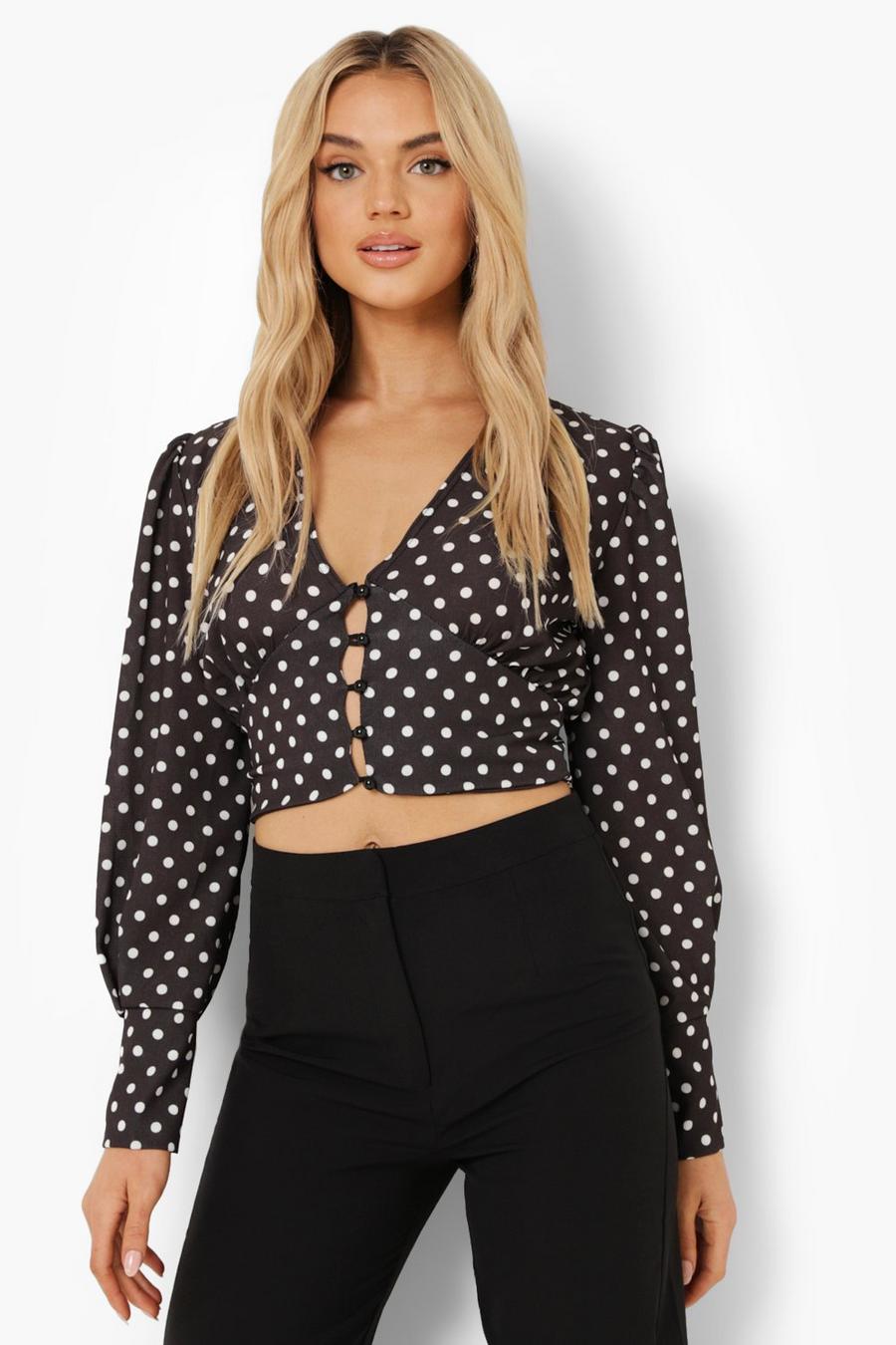 Black Woven Polka Dot Button Front Blouse image number 1