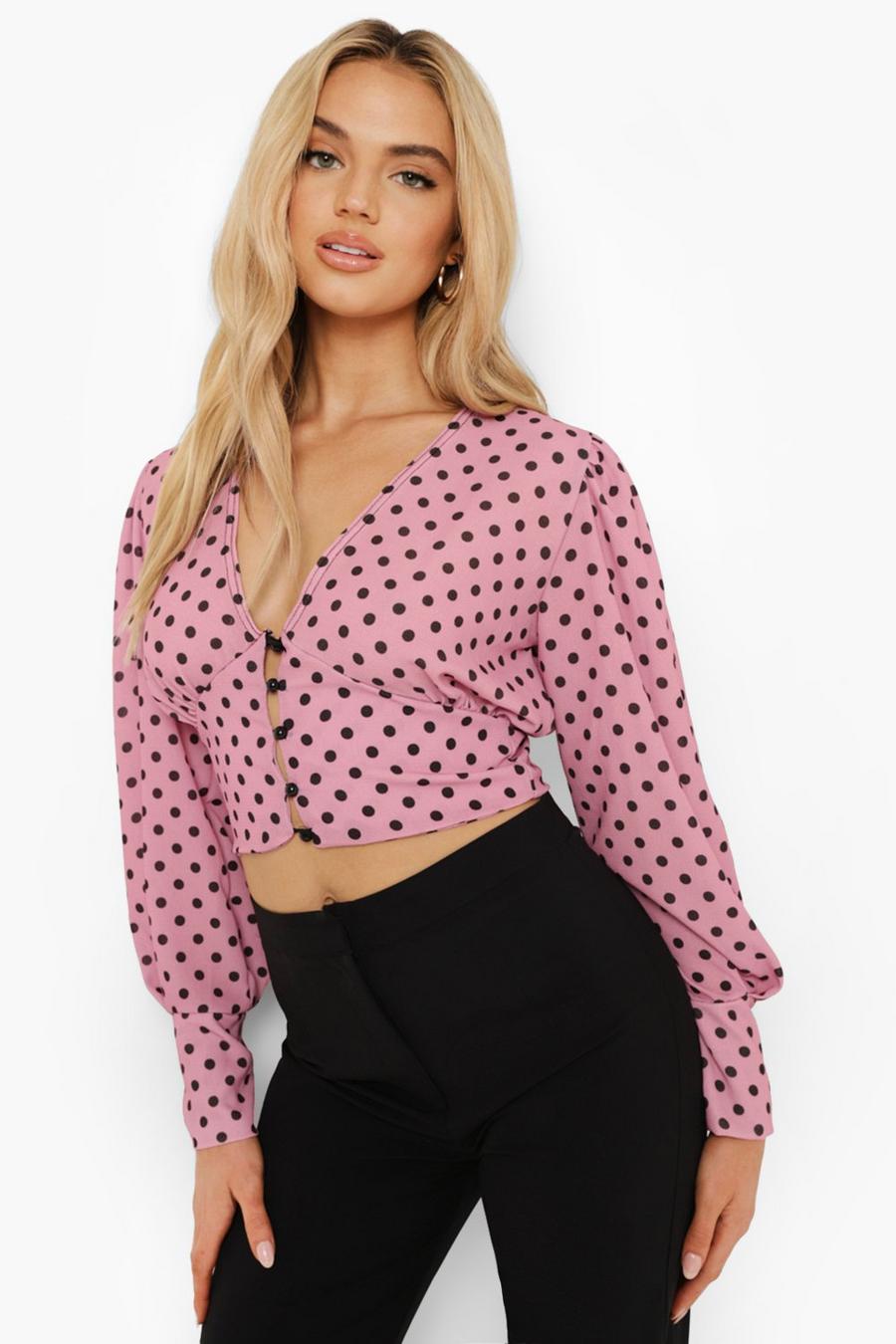 Pink Woven Polka Dot Button Front Blouse image number 1