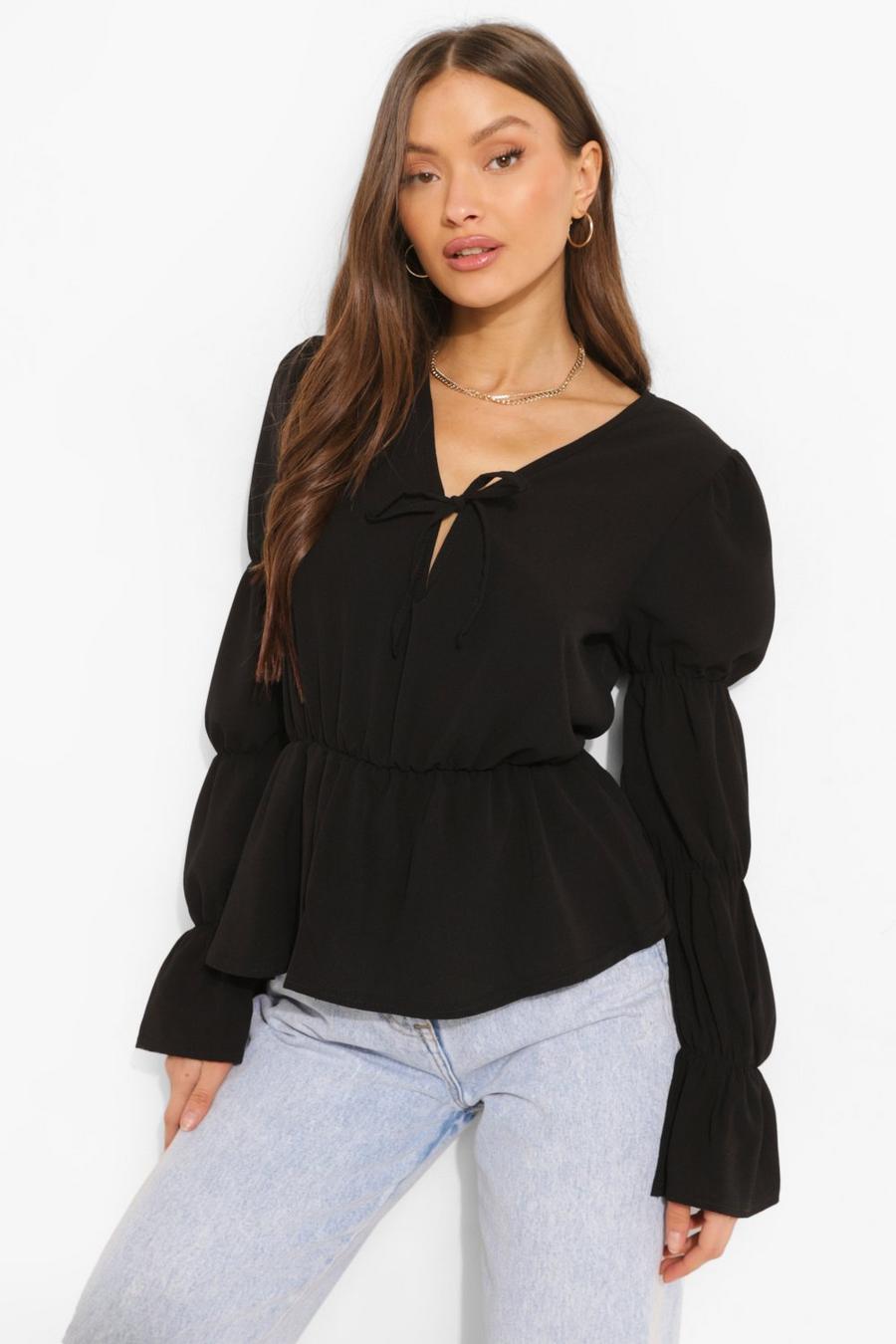 Black Woven Ruched Sleeve Tie Front Blouse image number 1