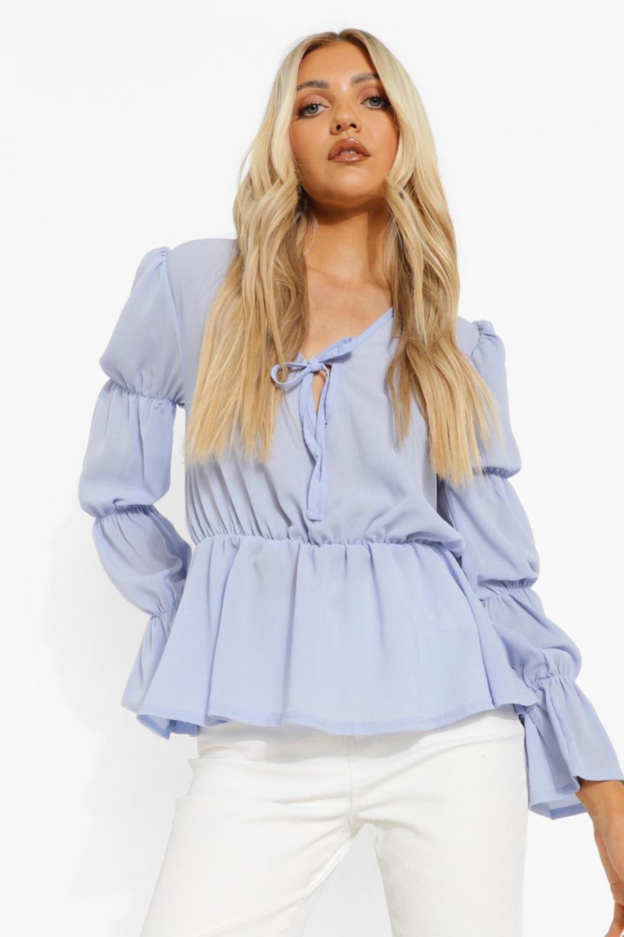 Powder blue Woven Ruched Sleeve Tie Front Blouse image number 1