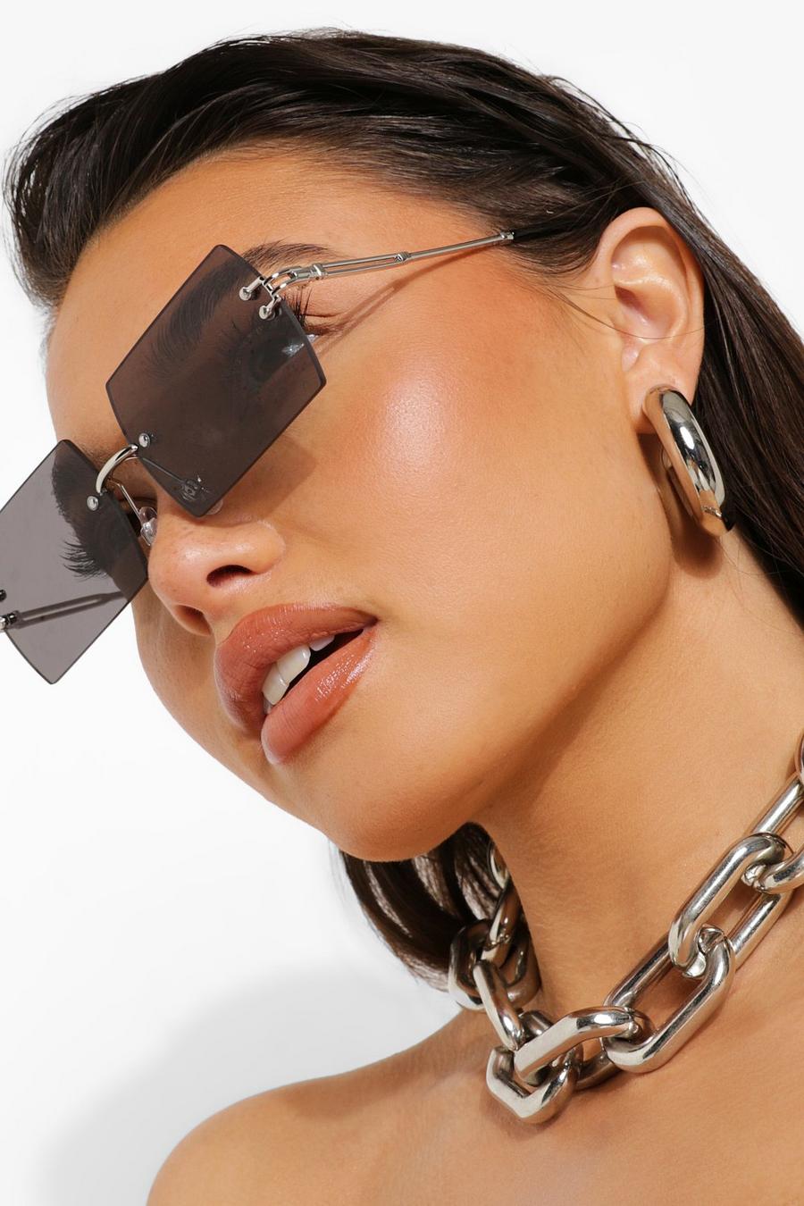 Black Rimless Rectangle Oversized Sunglasses image number 1
