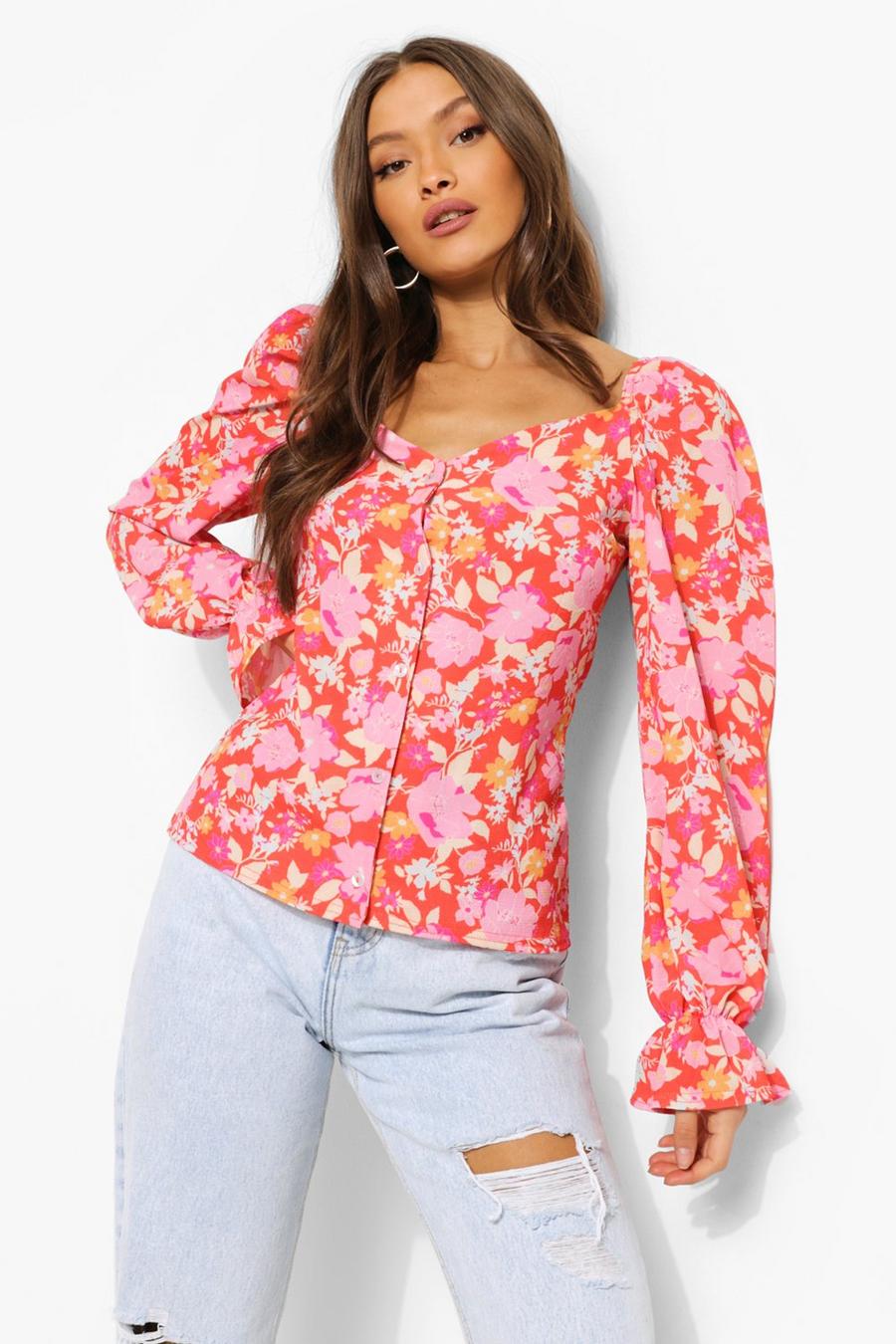 Red Woven Floral Puff Sleeve Blouse image number 1