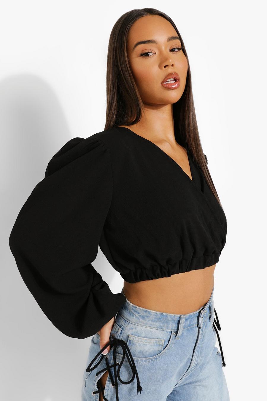 Black Woven Wrap Front Balloon Sleeve Blouse image number 1