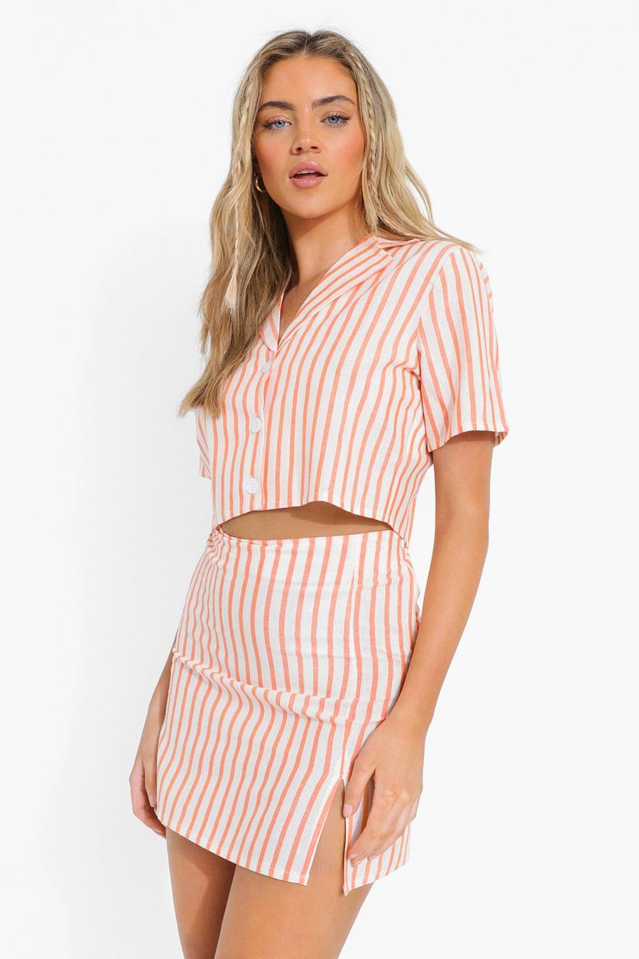 Orange Linen Look Pinstripe Crop Shirt & Mini Skirt image number 1