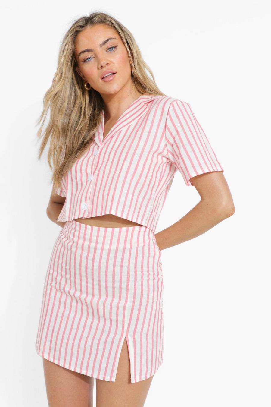 Pink Linen Look Pinstripe Crop Shirt & Mini Skirt image number 1