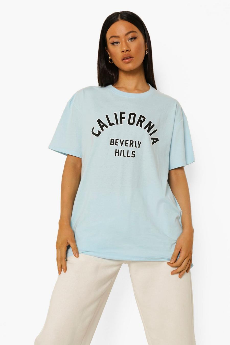 T-shirt oversize con scritta California, Baby blue azul