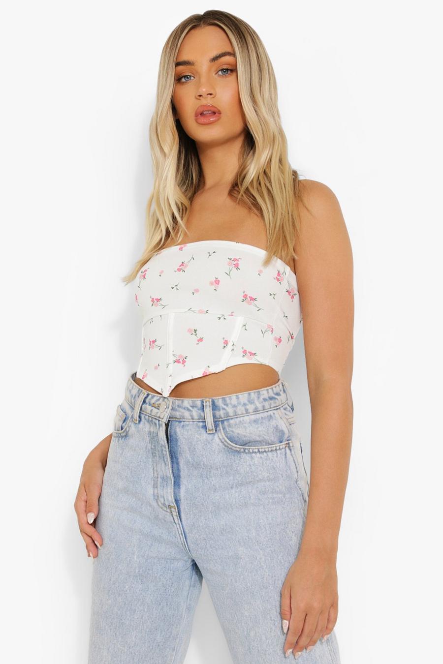 White Floral Print Corset Style Crop Top image number 1