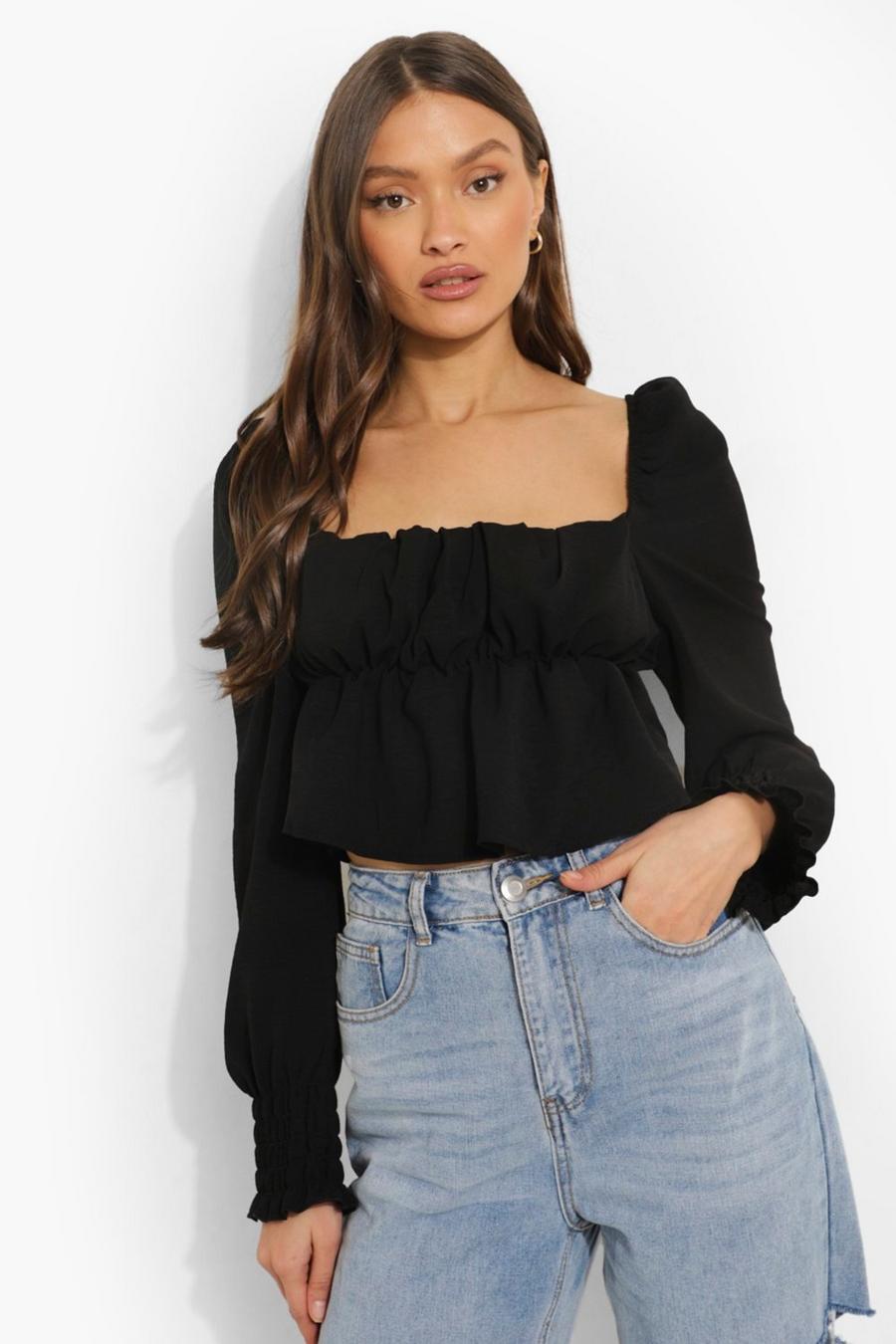 Black Linen Rouched Bust Long Sleeve Crop Top image number 1