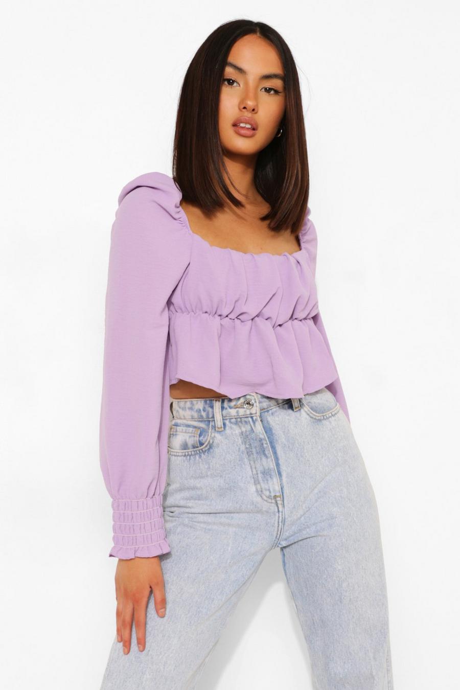 Lilac Linen Rouched Bust Long Sleeve Crop Top image number 1