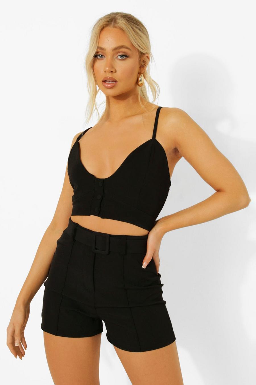Black Seam Front Belted Tailored Shorts