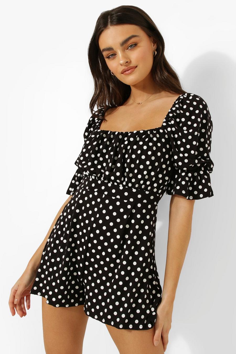 Black Polka Dot Square Neck Flippy Playsuit image number 1