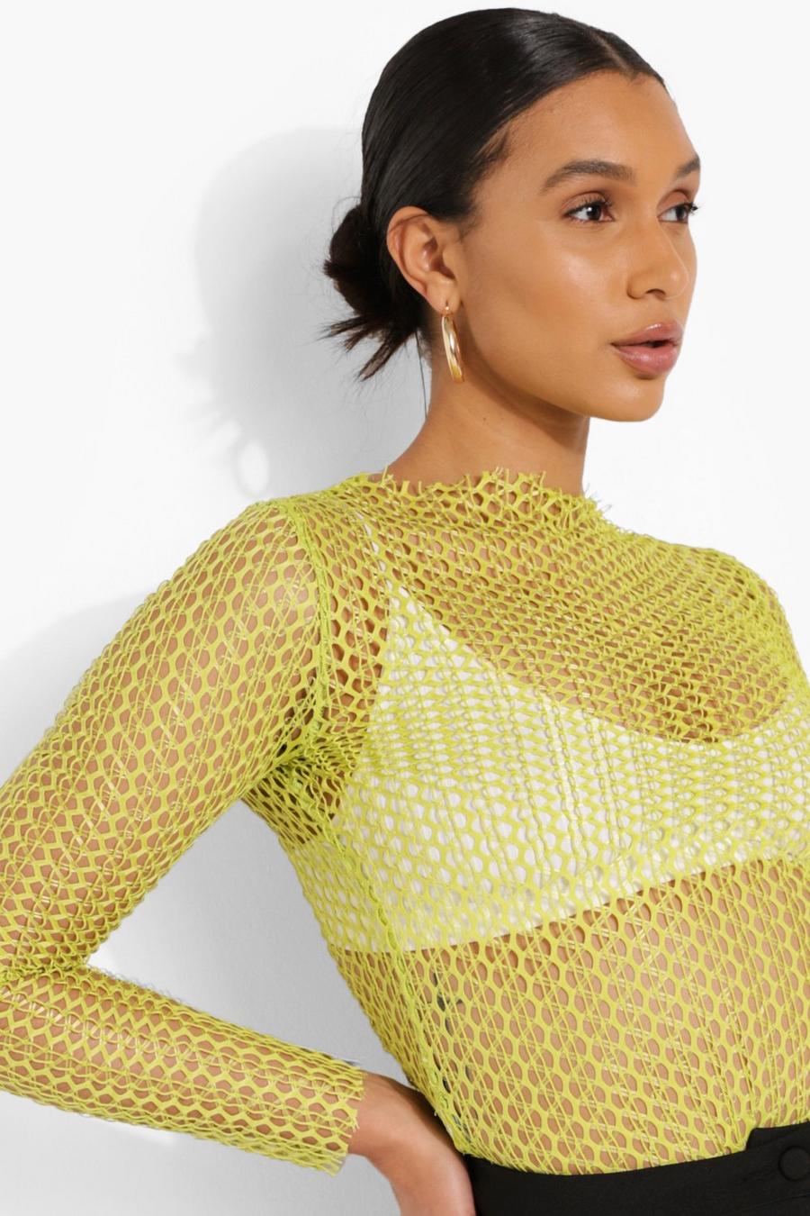 Lime green Fishnet Long Sleeve Top image number 1