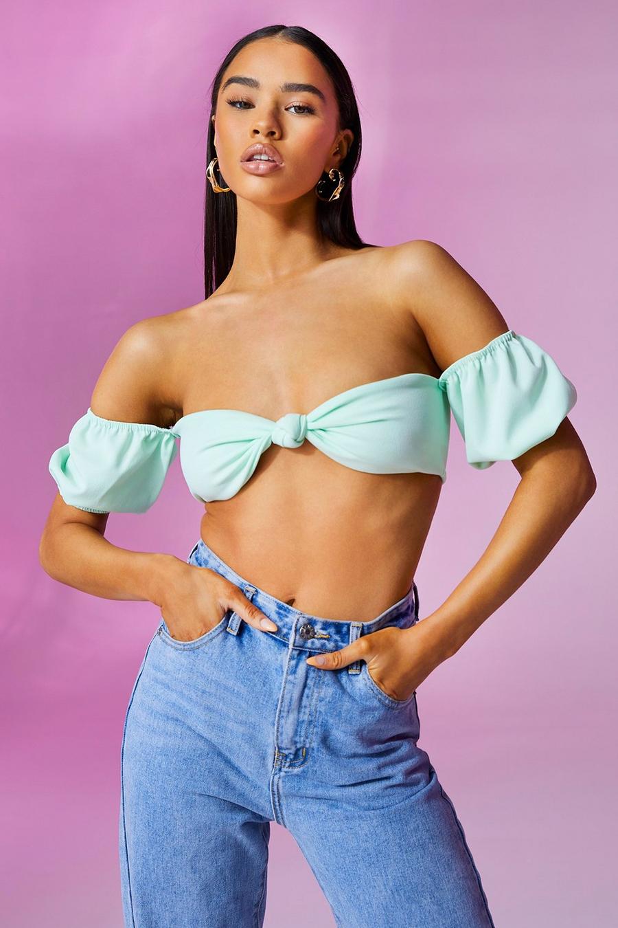 Mint Puff Sleeve Knot Front Bandeau Top image number 1