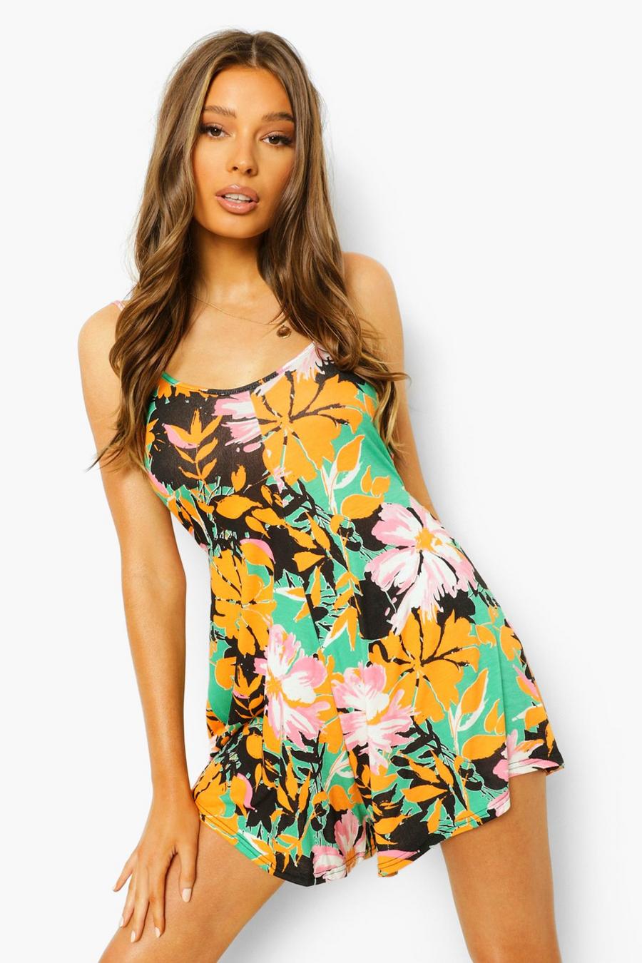 Green Floral Strappy Back Swing Romper image number 1