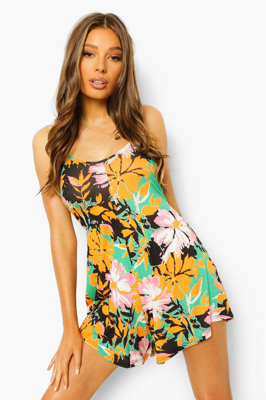 Green Floral Strappy Back Swing Playsuit image number 1