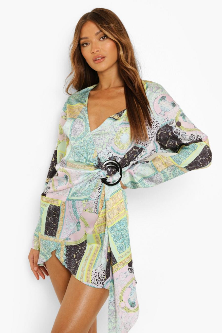 Green Scarf Print Satin Wrap Shirt Style Dress image number 1