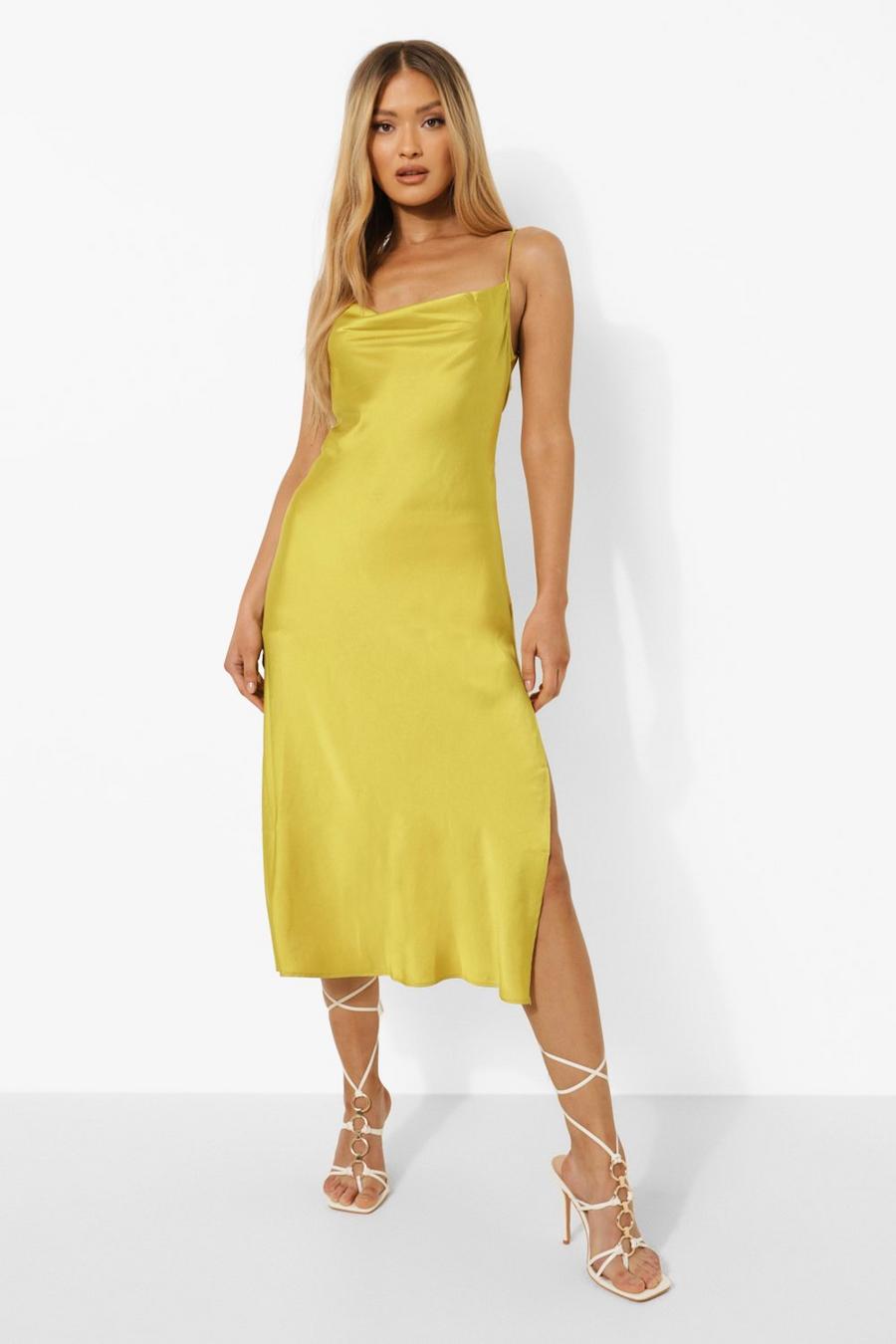 Chartreuse Satin Strappy Side Split Maxi Slip Dress image number 1