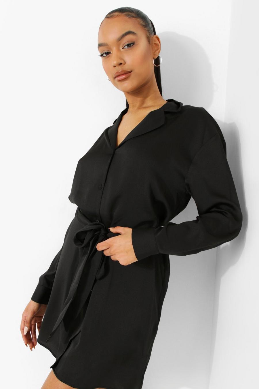 שחור שמלת חולצה מסאטן עם שרוולים ארוכים וחגורה image number 1