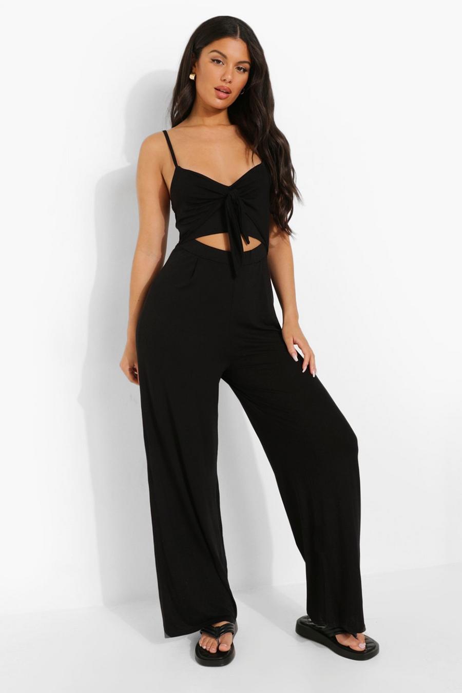Black Strappy Tie Bust Cut Out Wide Leg Jumpsuit image number 1