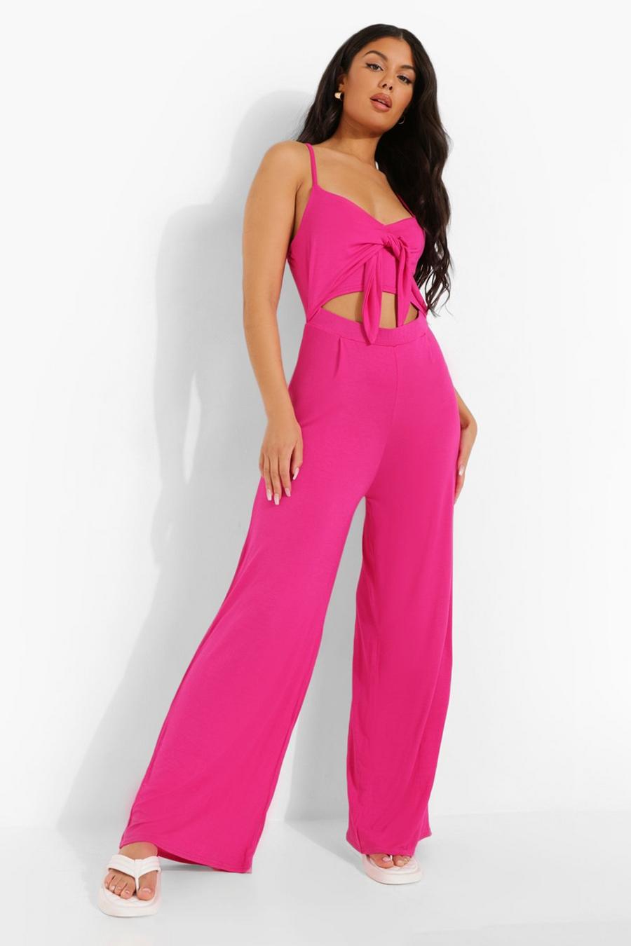 Hot pink Strappy Tie Bust Cut Out Wide Leg Jumpsuit