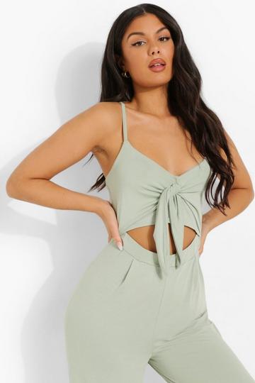 Strappy Tie Bust Cut Out Wide Leg Jumpsuit sage