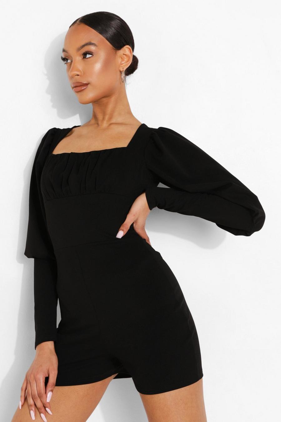 Black Corset Detail Puff Sleeve Playsuit image number 1