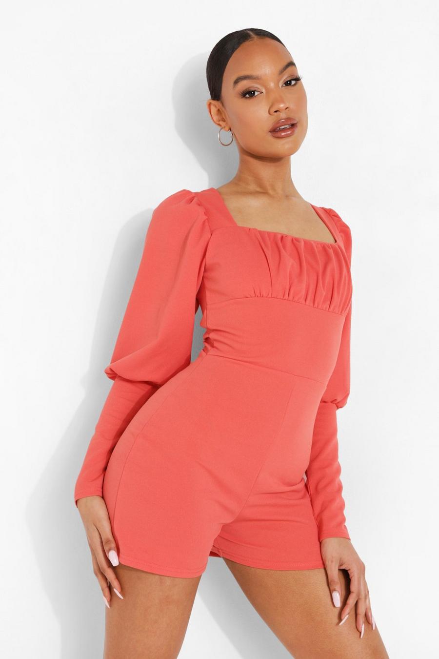 Coral Corset Detail Puff Sleeve Playsuit image number 1