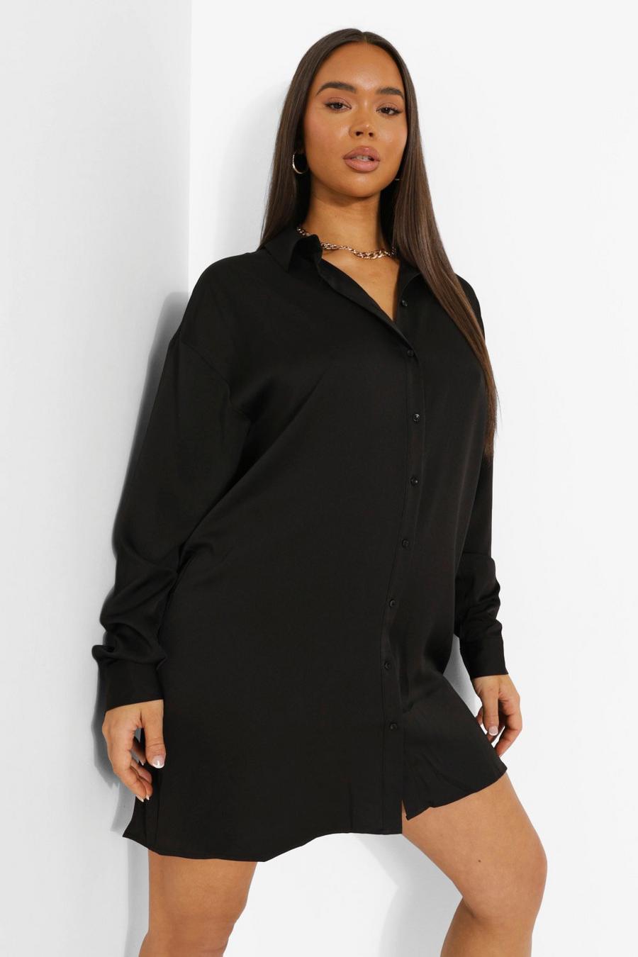 Black Satin Plunge Long Sleeve Shirt Dress image number 1