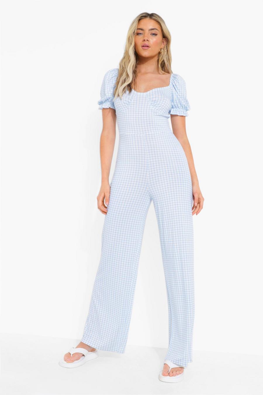 Blue Gingham Puff Sleeve Wide Leg Jumpsuit image number 1