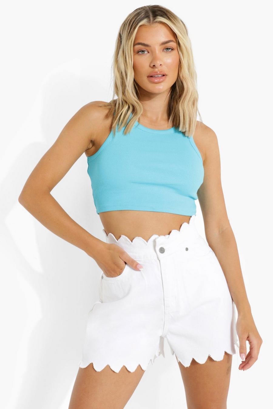 White Scallop Edge High Waist Jean Shorts image number 1