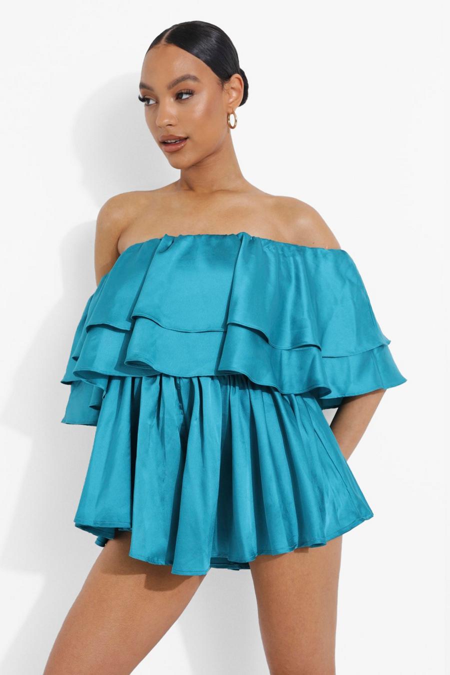 Teal green Satin One Shoulder Extreme Ruffle Romper