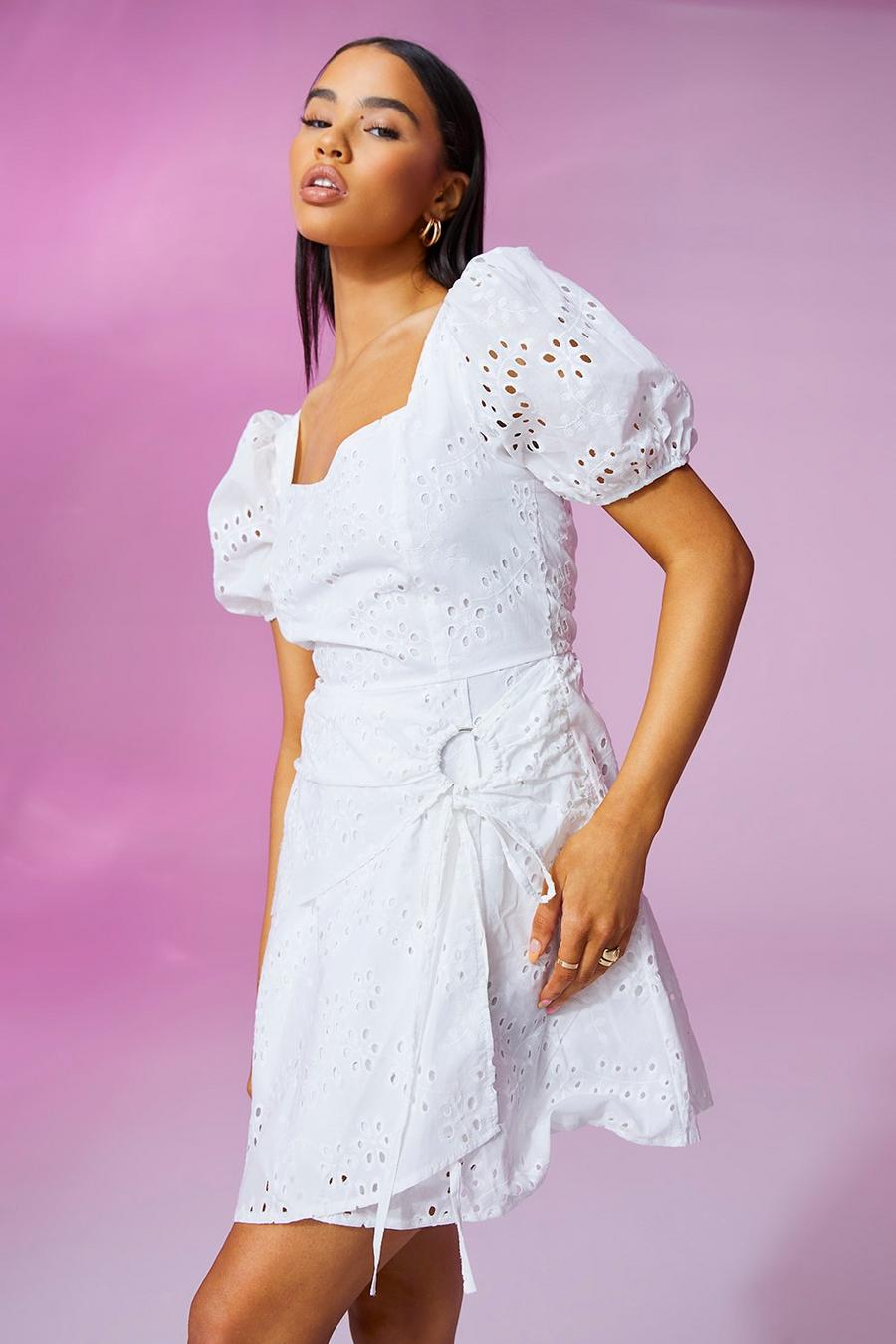 White Broderie Anglais Puff Sleeve Wrap Dress image number 1