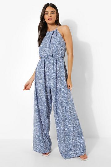 Animal Print Halter Wide Leg Jumpsuit blue