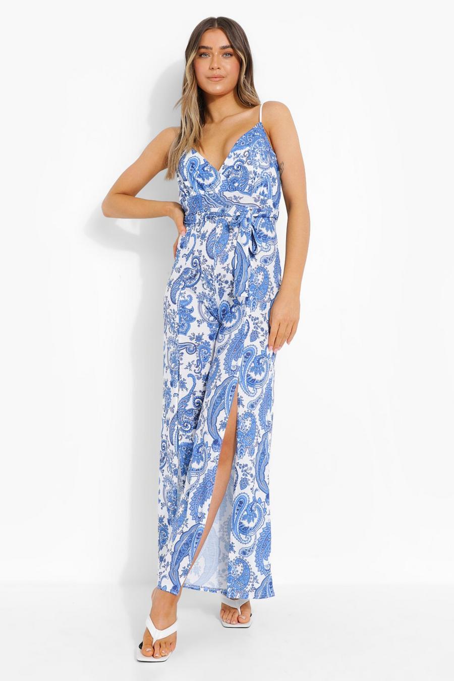 Blue Strappy Paisley Plunge Wide Leg Jumpsuit image number 1