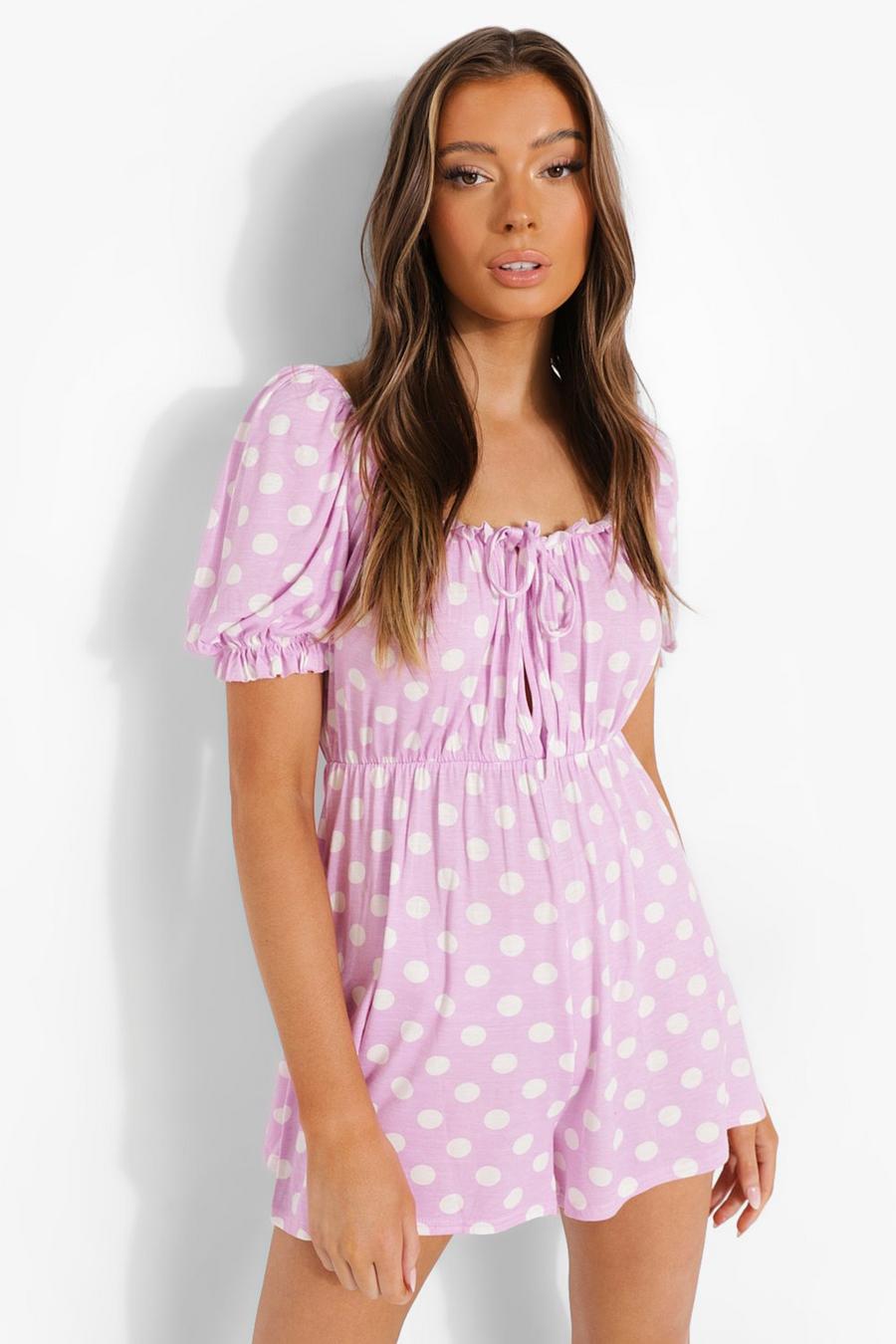Lilac Polka Dot Ruched Bust Playsuit image number 1