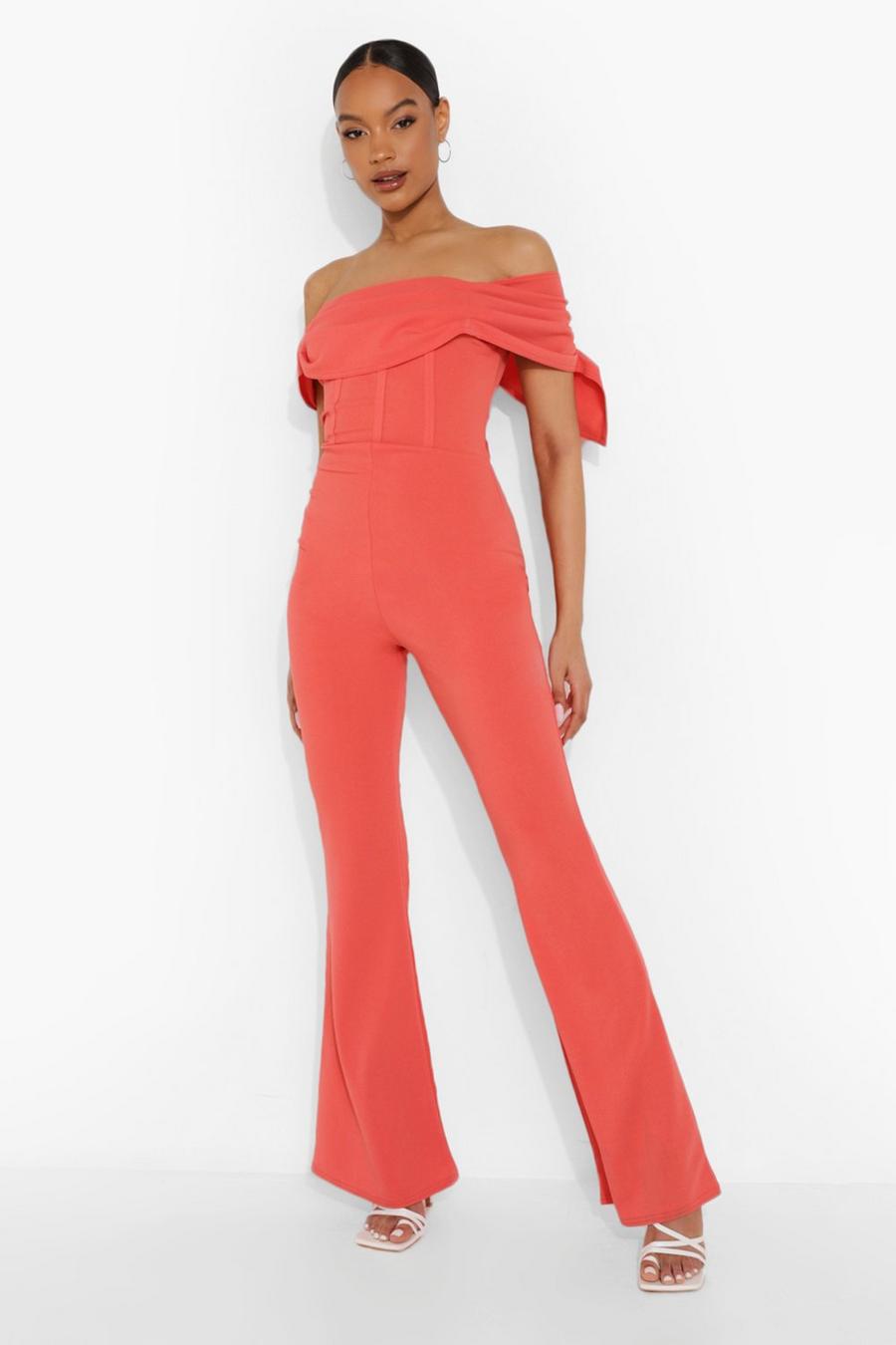 Coral Draped Corset Detail Flare Jumpsuit image number 1