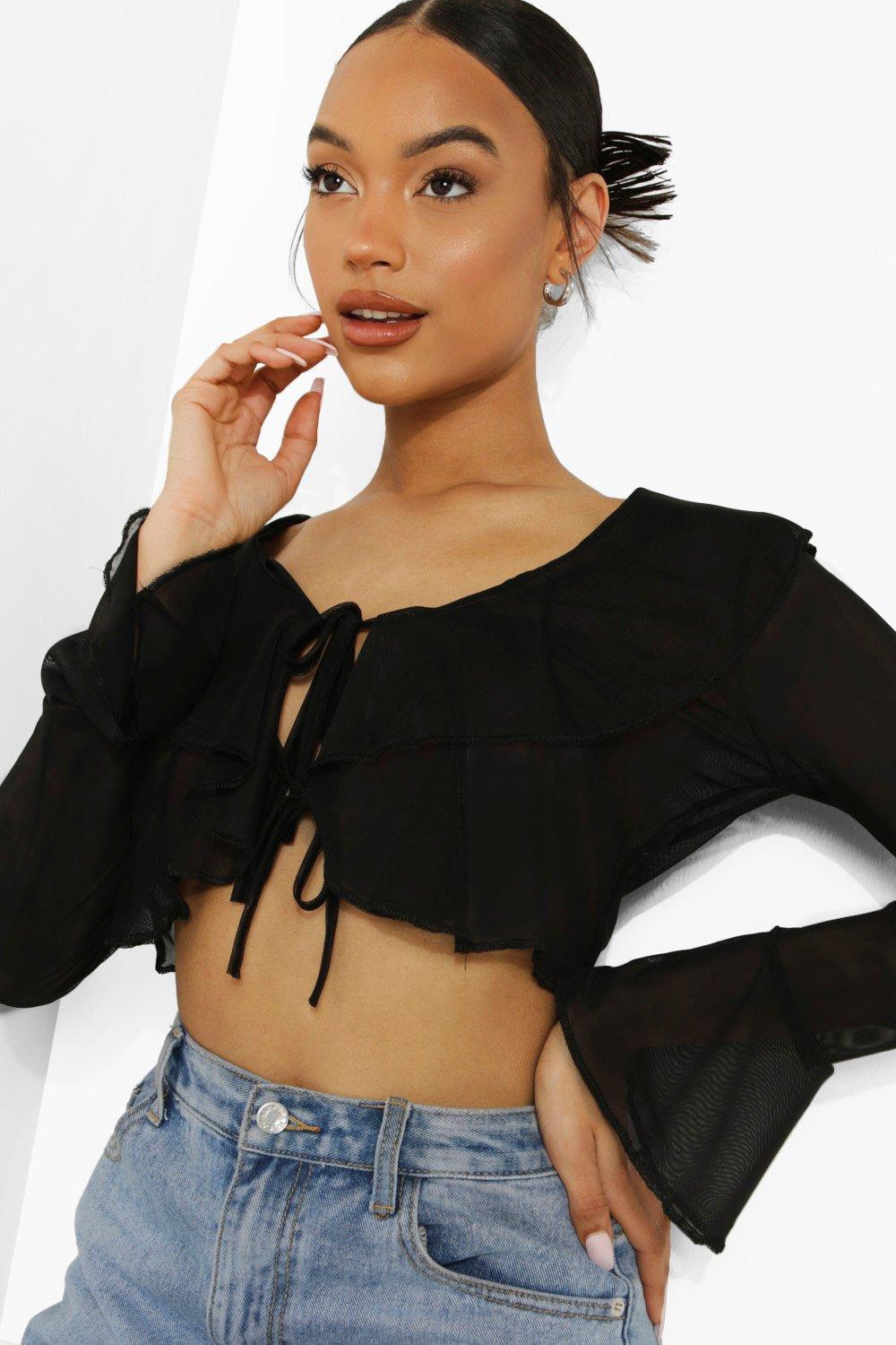 Black mesh cheap ruffle top