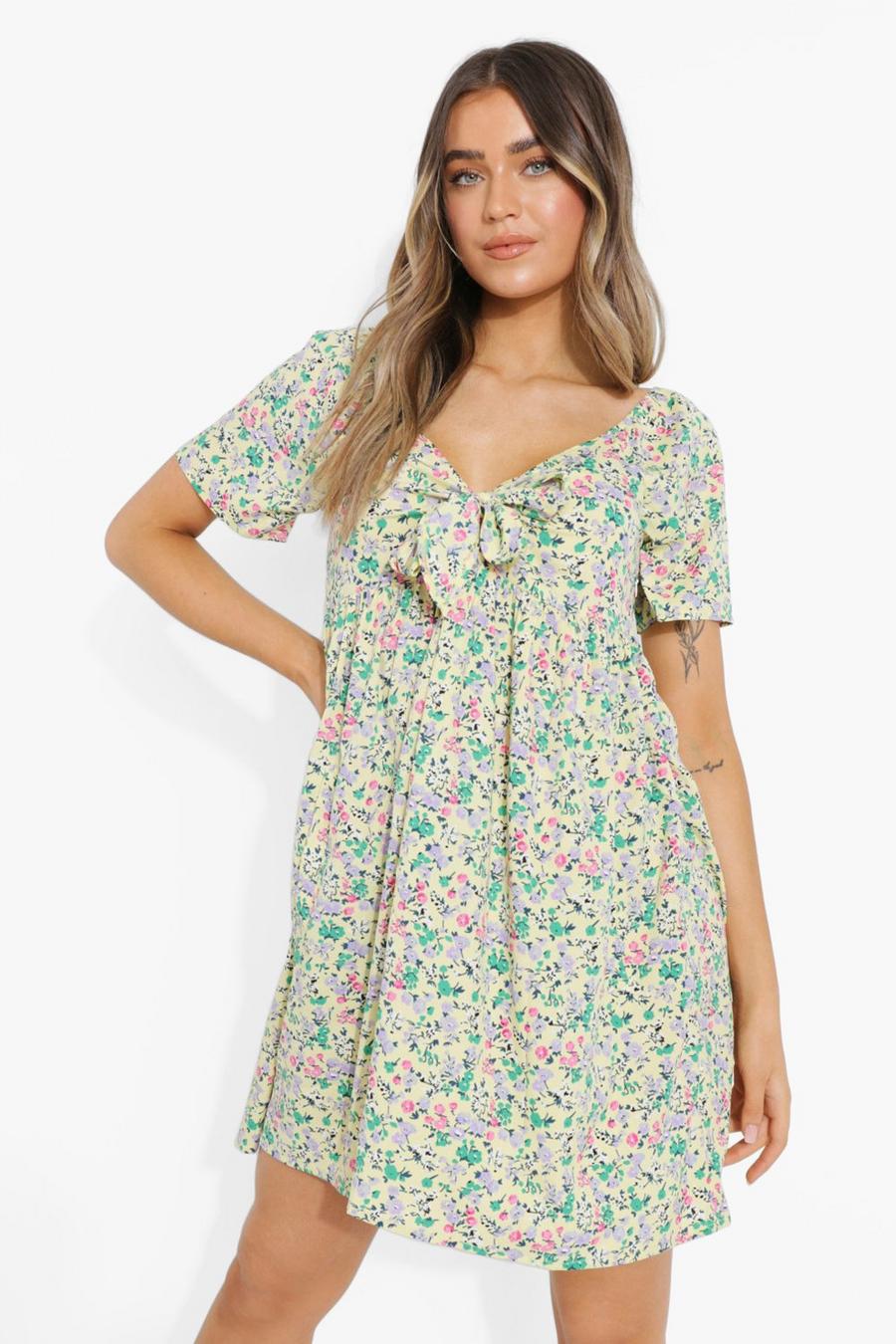 Yellow Floral Print Knotted Smock Dress image number 1