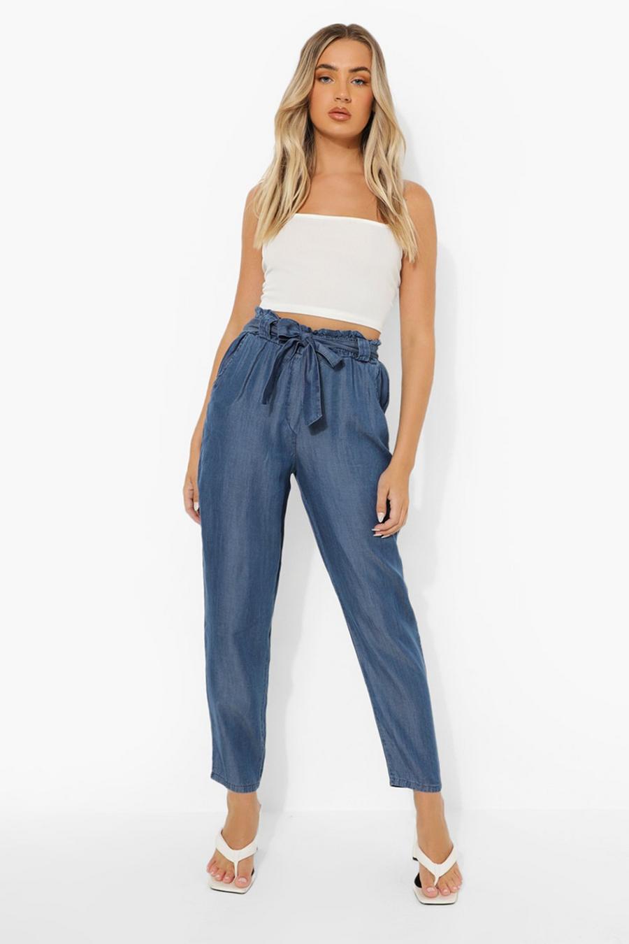 Mid blue Cropped Belted Paperbag Chambray Pants image number 1