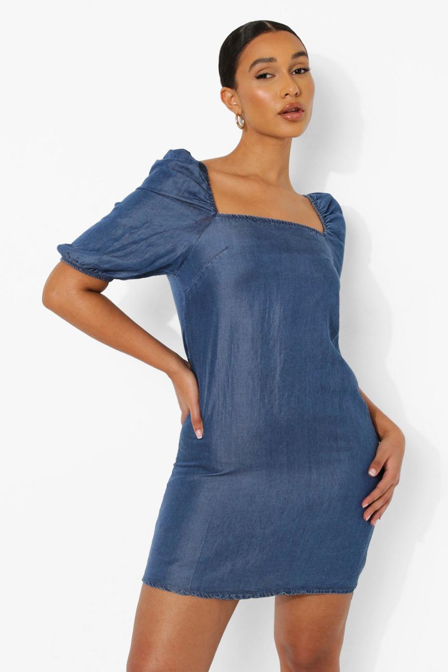 Mid blue Puff Sleeve Denim Mini Dress image number 1